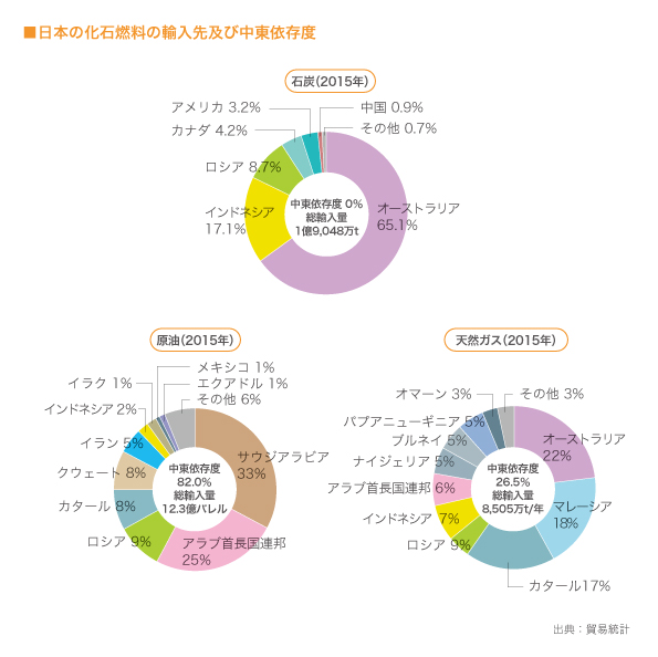 日本の化石燃料の輸入先及び中東依存度）