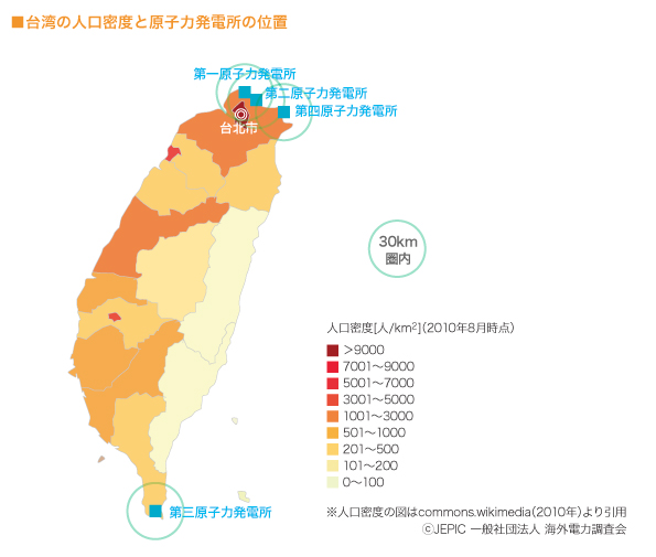 台湾の人口密度と原子力発電所の位置　